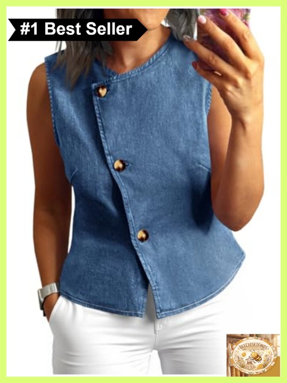 Sleeveless Button Down Denim Vest Jean Shirt Waistcoat for Women